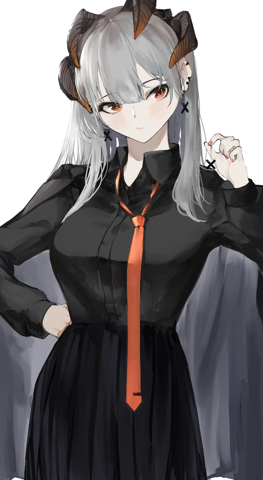 1girl absurdres alternate_costume arknights black_shirt black_skirt blush breasts cape collared_shirt cowboy_shot dragon_girl dragon_horns earclip earrings grey_cape grey_hair hair_between_eyes hand_on_hip hand_up highres horns jewelry kajuu looking_at_viewer medium_breasts necktie orange_eyes orange_nails orange_necktie saria_(arknights) shirt simple_background skirt solo white_background