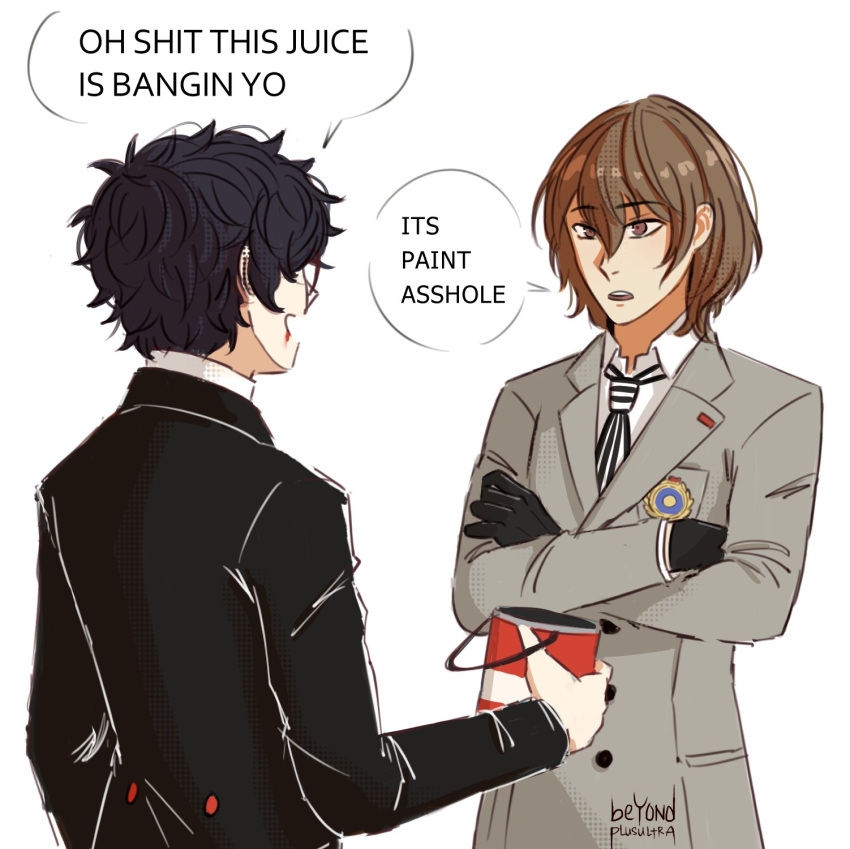 2boys 4chan akechi_gorou amamiya_ren bangs beyondplusultra black_coat black_gloves black_hair black_necktie brown_eyes brown_hair coat commentary english_commentary english_text glasses gloves grey_coat highres looking_at_another male_focus meme multiple_boys necktie oh_shit_this_juice_is_bangin_yo_(meme) open_mouth paint_can persona persona_5 profanity short_hair simple_background smile striped_necktie upper_body white_background white_necktie