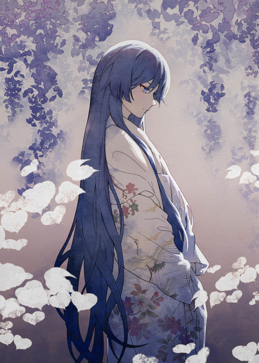 1boy absurdly_long_hair absurdres androgynous bangs commentary_request cowboy_shot eyeshadow floral_print flower genshin_impact hair_over_shoulder highres hime_cut japanese_clothes kimono long_hair long_sleeves looking_down makeup male_focus profile scaramouche_(genshin_impact) sidelocks solo standing very_long_hair wisteria yanyunzi477