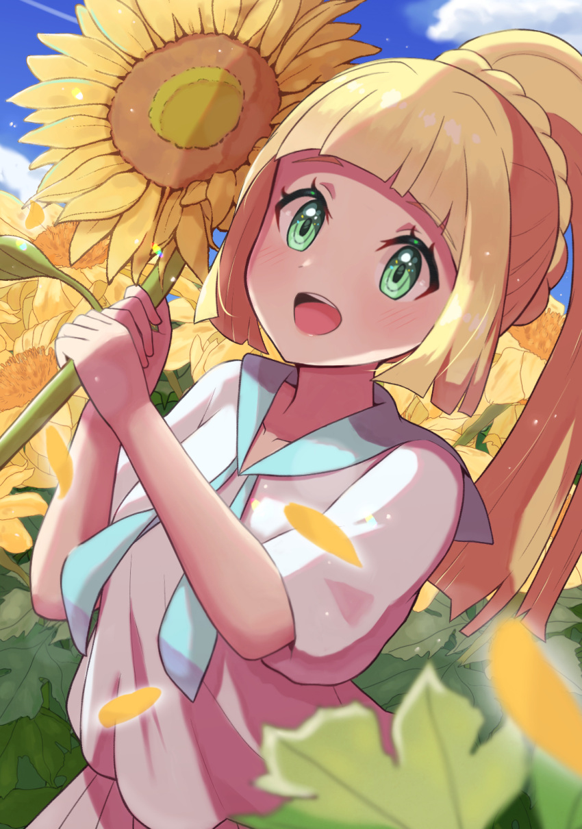 1girl blonde_hair blush braid clouds collarbone commentary_request day eyelashes falling_petals flower french_braid genkigamichiru green_eyes hands_up high_ponytail highres holding holding_flower leaf lillie_(pokemon) long_hair open_mouth outdoors petals pleated_skirt pokemon pokemon_(game) pokemon_sm shirt short_sleeves skirt sky smile solo summer sunflower teeth tongue upper_teeth white_shirt white_skirt