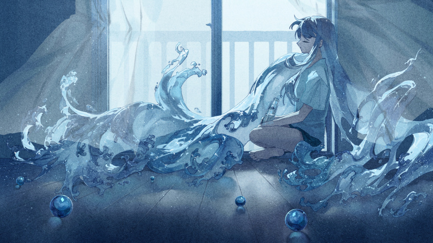 1girl bangs barefoot blue_hair blue_theme closed_eyes curtains fantasy from_side official_art original potg_(piotegu) shirt sitting solo t-shirt water white_shirt window