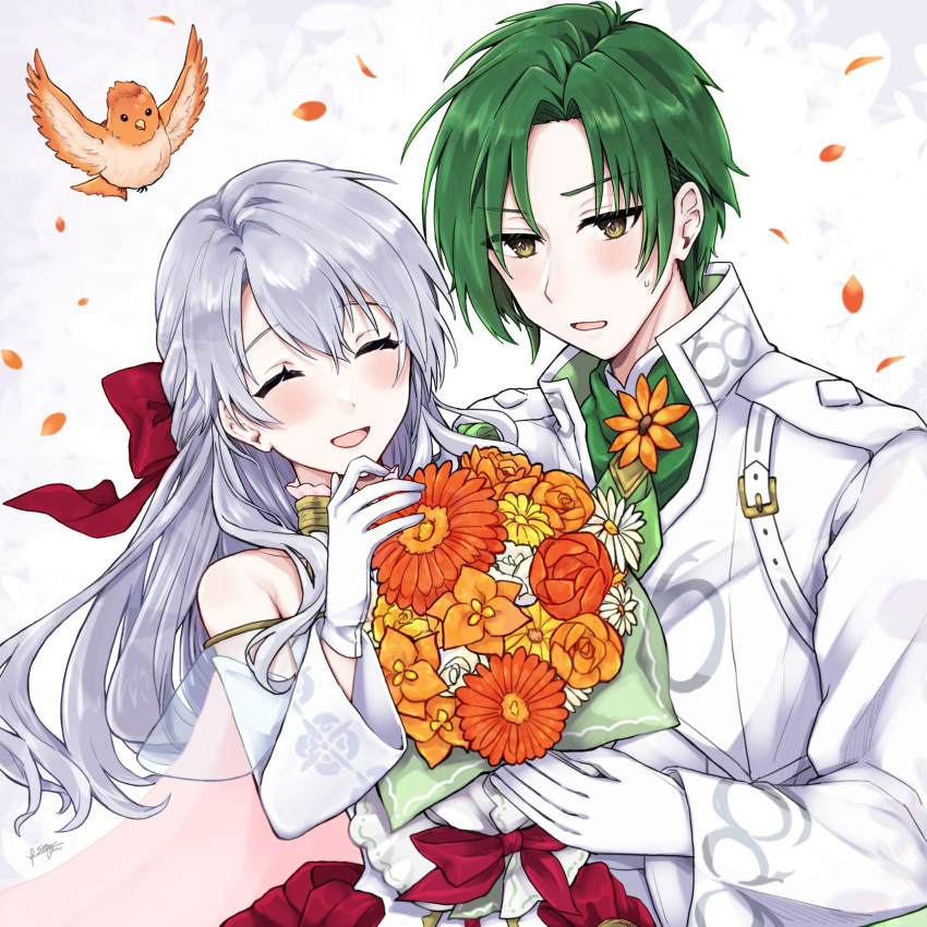 1boy 1girl amber_eyes bangs bird bouquet bow closed_eyes detached_sleeves dress fire_emblem fire_emblem:_radiant_dawn fire_emblem_heroes flower formal gloves green_hair grey_hair hair_bow half_updo highres holding holding_bouquet long_hair long_sleeves micaiah_(fire_emblem) misato_hao necktie official_alternate_costume open_mouth orange_flower red_bow shirt simple_background sleeveless sleeveless_dress smile sothe_(fire_emblem) suit suit_jacket tuxedo upper_body veil wedding_dress white_background white_dress white_gloves white_shirt yune_(fire_emblem)