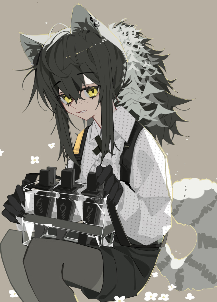 1girl absurdres animal_ears animal_hands arknights black_hair black_necktie black_pantyhose black_shorts claws collared_shirt cross_tie dagger feet_out_of_frame freckles grey_background hair_between_eyes highres invisible_chair knife lihuashuangxiang long_sleeves looking_at_viewer necktie pantyhose pantyhose_under_shorts parted_lips ponytail raccoon_ears raccoon_girl raccoon_tail robin_(arknights) shirt shorts sidelocks simple_background sitting smile solo tail weapon white_shirt yellow_eyes