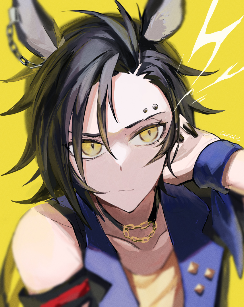 1girl absurdres air_shakur_(umamusume) animal_ears artist_name black_hair black_jacket black_nails blurry closed_mouth collarbone depth_of_field electricity eyebrow_piercing hand_in_own_hair highres horse_ears jacket long_hair mazac parted_lips piercing shirt simple_background slit_pupils solo umamusume upper_body wristband yellow_background yellow_eyes yellow_shirt