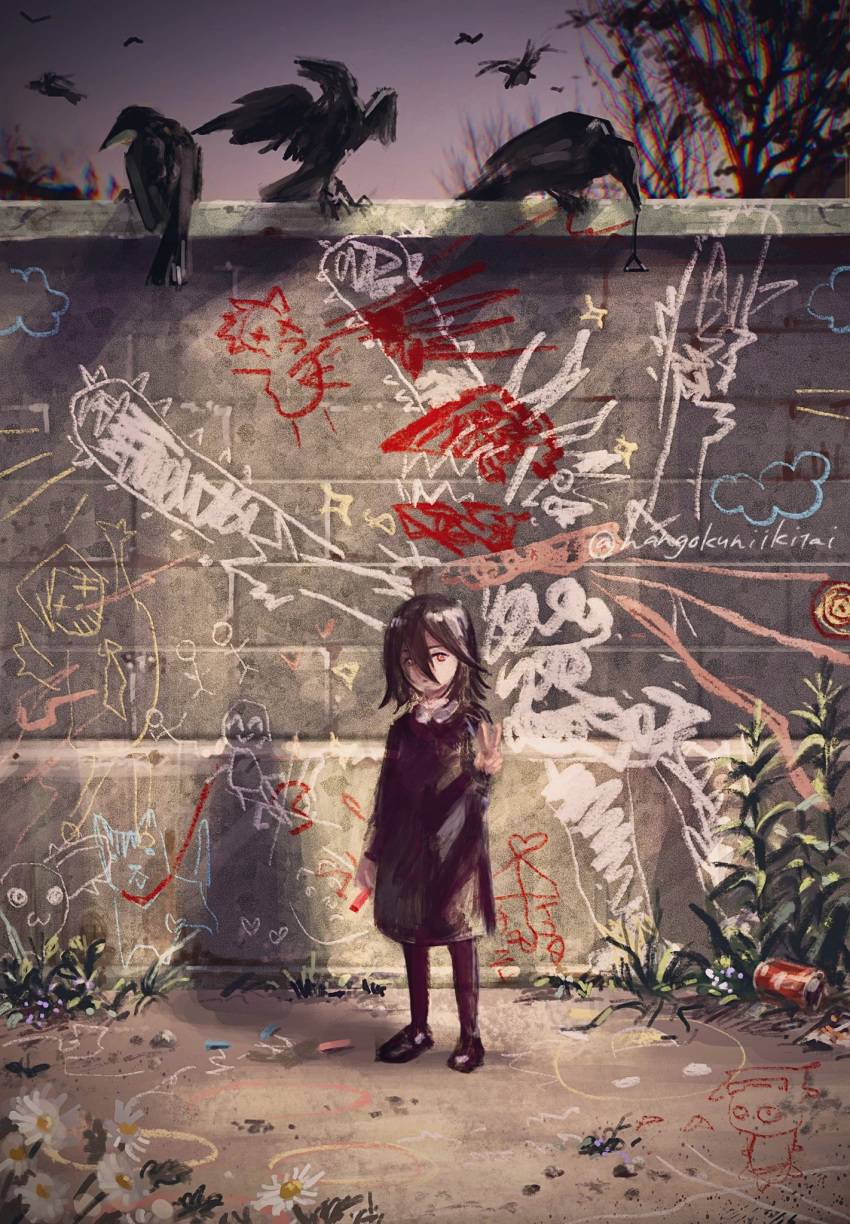 1girl animal bird black_dress black_footwear black_hair bow brick_wall can chainsaw_devil chainsaw_man chalk character_request chromatic_aberration crow denji_(chainsaw_man) dog drawing dress flower grass hair_between_eyes highres holding holding_chalk holding_leash leash looking_at_viewer medium_hair nangokuniikitai outdoors pochita_(chainsaw_man) red_eyes solo standing stick_figure tree twitter_username v white_bow white_flower