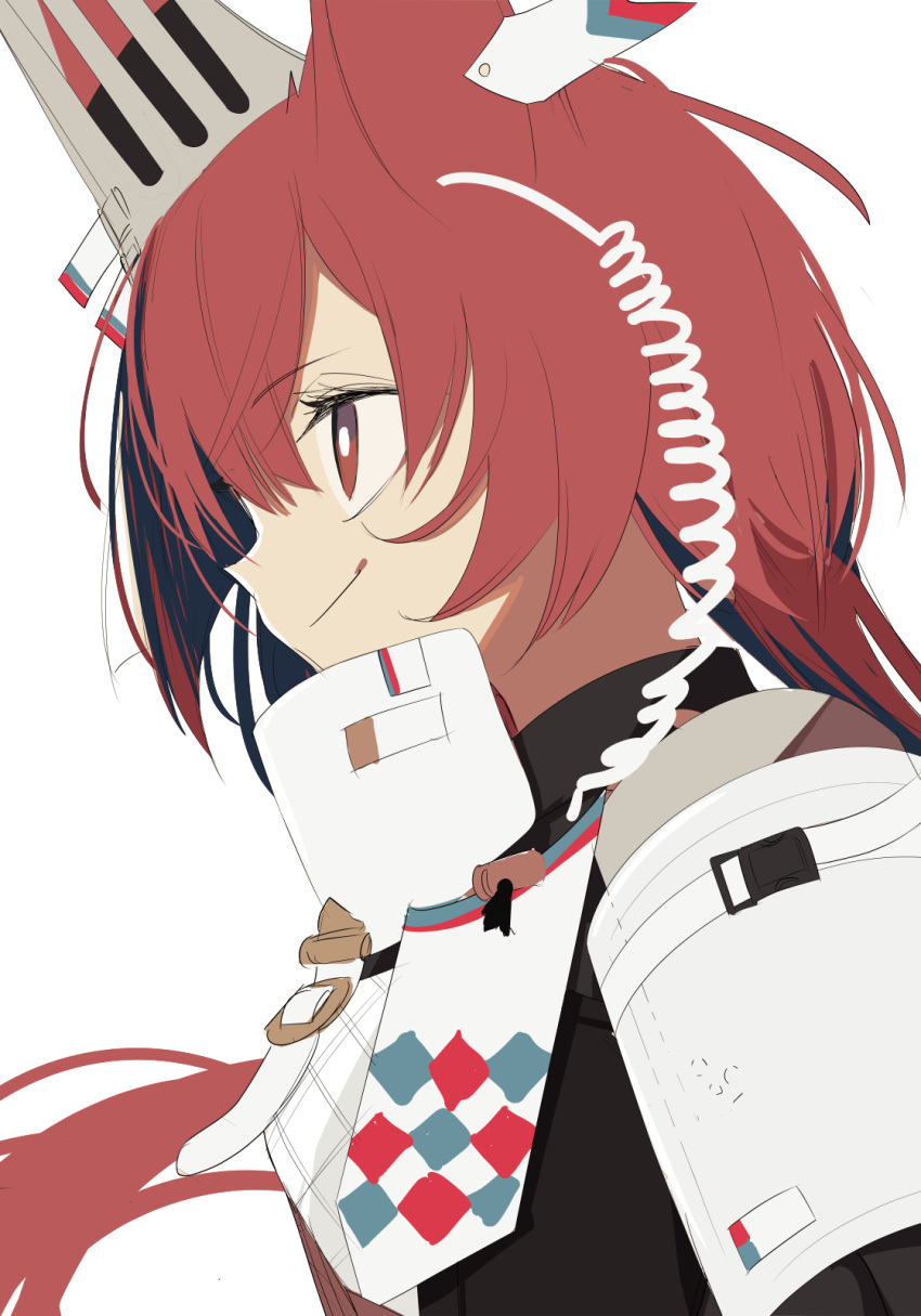 animal_ears arknights armor bangs closed_mouth commentary_request flametail_(arknights) hair_between_eyes highres long_hair looking_away pauldrons red_eyes redhead shoulder_armor simple_background smile tetuw upper_body white_background