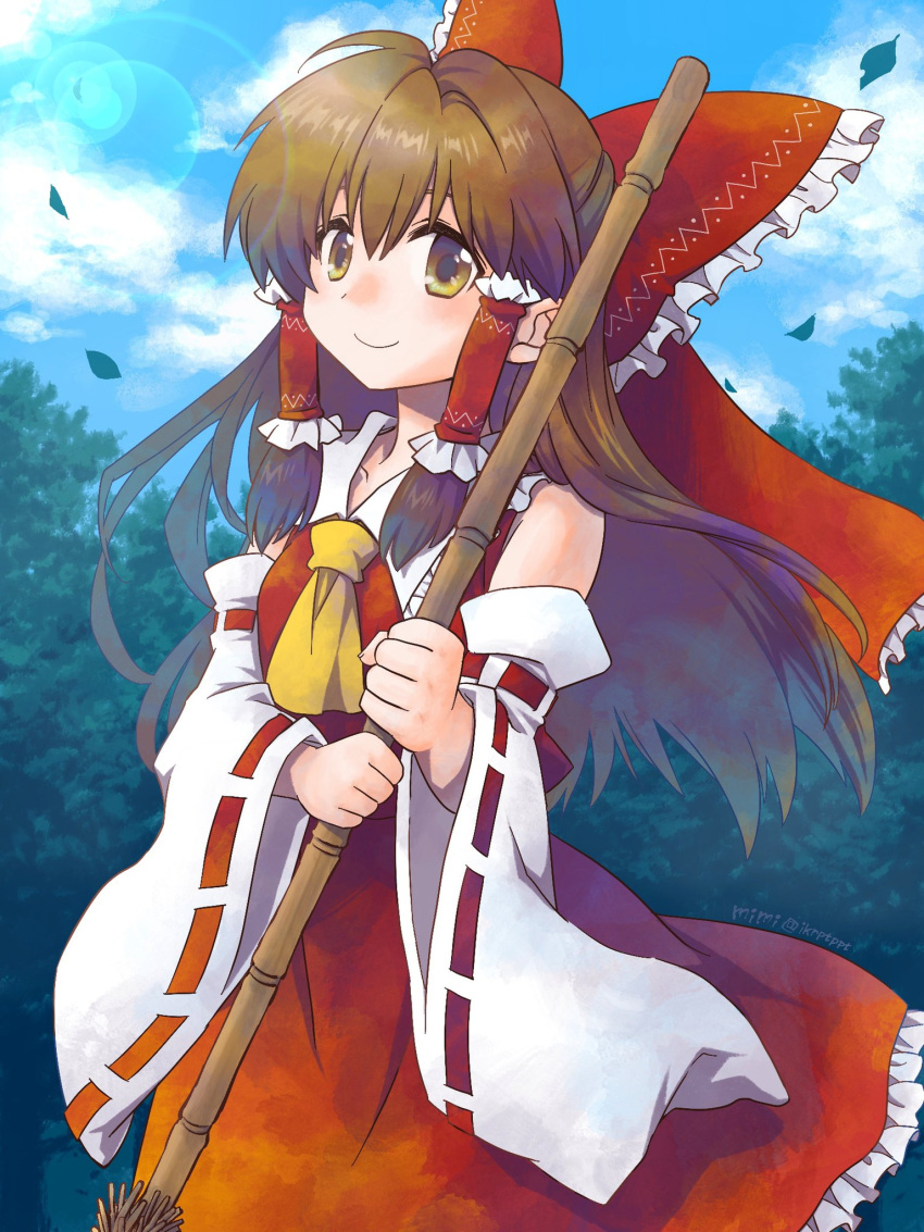1girl ascot bangs blue_sky bow broom brown_eyes brown_hair closed_mouth clouds detached_sleeves hair_bow hair_tubes hakurei_reimu highres holding holding_broom leaf long_hair looking_at_viewer mimi_(ikrptppt) outdoors red_bow red_shirt red_skirt ribbon-trimmed_sleeves ribbon_trim shirt sidelocks skirt sky smile solo touhou wide_sleeves yellow_ascot
