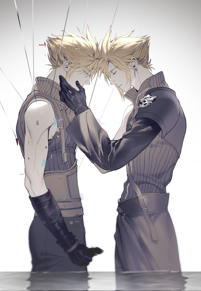 2boys aqua_eyes armor belt black_gloves blonde_hair closed_eyes cloud_strife earrings feathers final_fantasy final_fantasy_vii final_fantasy_vii_advent_children final_fantasy_vii_remake forehead-to-forehead gloves gradient gradient_background hair_between_eyes hand_on_another's_cheek hand_on_another's_face heads_together high_collar highres holding holding_feather jewelry looking_down male_focus multiple_belts multiple_boys muscular muscular_male open_collar parted_lips partially_submerged profile shirt short_hair shoulder_armor single_earring sleeveless sleeveless_shirt sleeveless_turtleneck spiky_hair suspenders turtleneck upper_body xianyu314