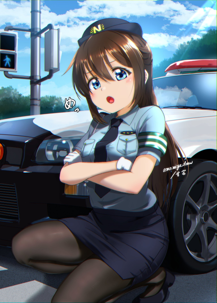 1girl :o amamiya_draw armband artist_name black_pantyhose blue_eyes blue_footwear blue_headwear blue_necktie blue_shirt blush breast_pocket brown_hair car commentary crossed_arms day eyebrows_hidden_by_hair gloves ground_vehicle hat highres kneeling long_hair looking_at_viewer love_live! love_live!_nijigasaki_high_school_idol_club miniskirt motor_vehicle necktie open_mouth ousaka_shizuku pantyhose pedestrian_lights pencil_skirt pocket police police_car police_hat police_uniform policewoman shirt short_sleeves signature skirt solo tareme tongue uniform white_gloves