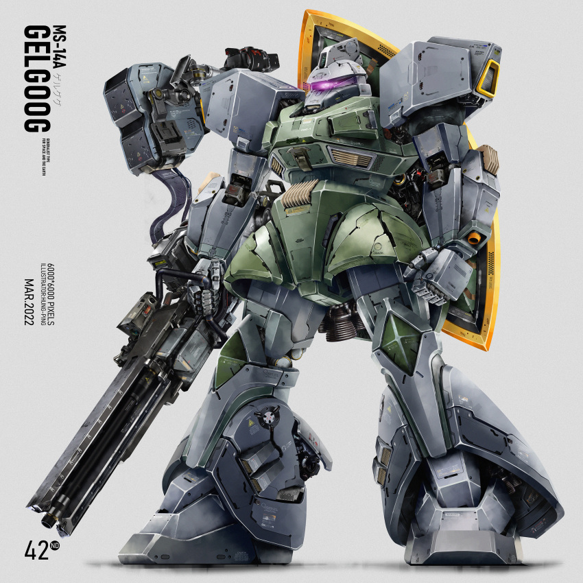 absurdres ammunition_belt cannon character_name concept_art damaged dirty english_text gelgoog glowing glowing_eye gun gundam highres kongping0550219 machine_gun machinery mecha missile_pod mobile_suit mobile_suit_gundam one-eyed original realistic redesign robot science_fiction thrusters violet_eyes weapon