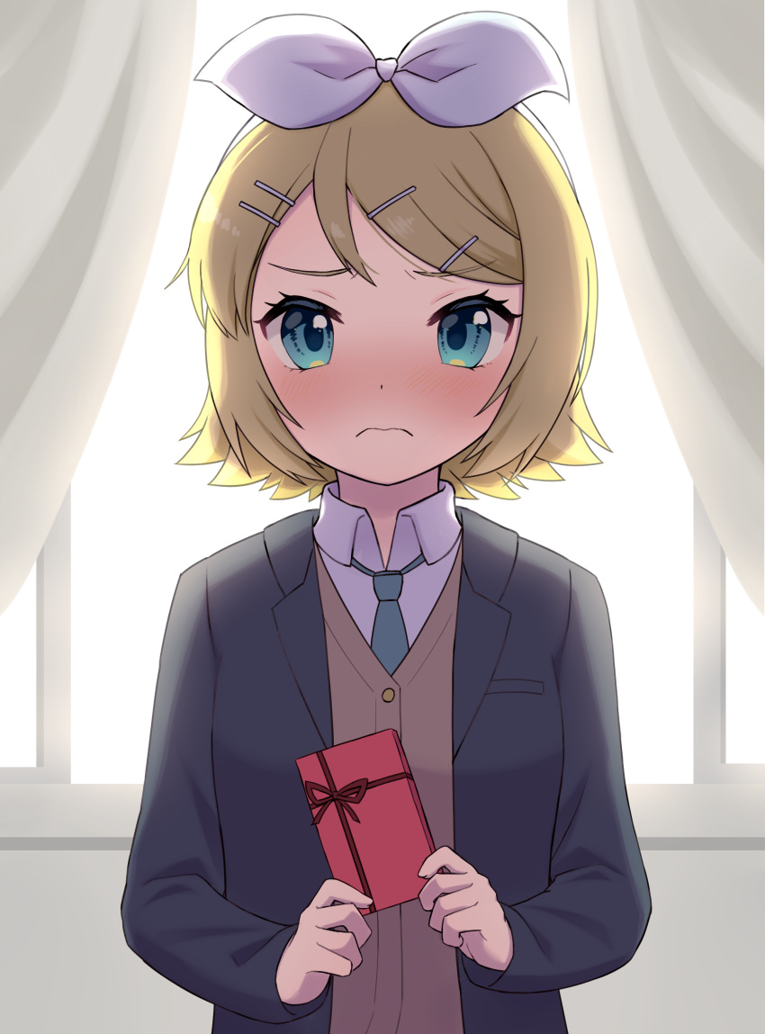 1girl absurdres bangs blazer blonde_hair blue_eyes blush bow box cardigan collared_shirt curtains embarrassed frown furrowed_brow hair_bow hair_ornament hairclip highres holding holding_box jacket kagamine_rin light long_sleeves looking_at_viewer mochizuki_reiji necktie nose_blush school school_uniform shirt short_hair solo valentine vocaloid wavy_mouth window