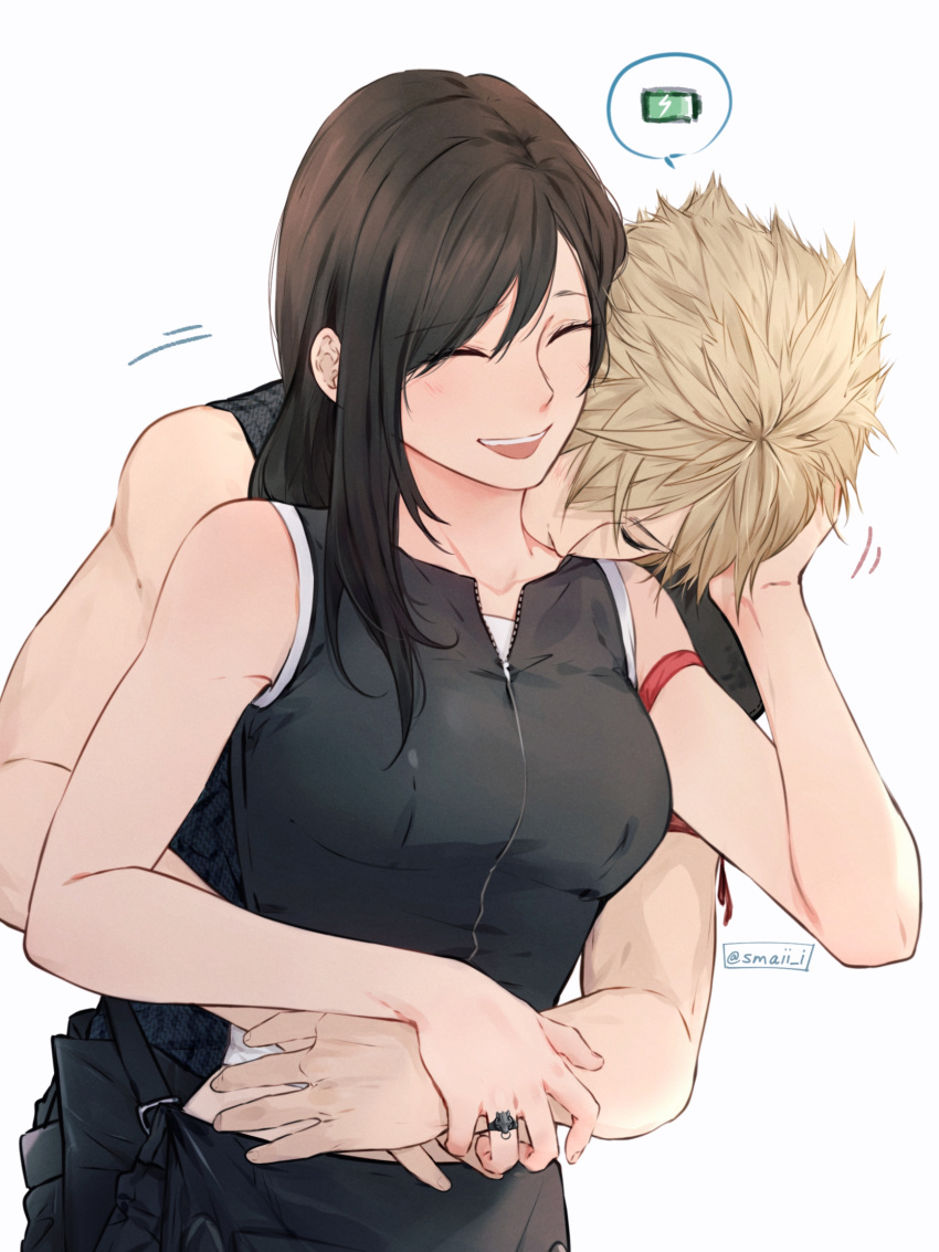 1boy 1girl apron arm_ribbon bare_shoulders black_hair blonde_hair breasts closed_eyes cloud_strife couple crop_top final_fantasy final_fantasy_vii final_fantasy_vii_advent_children hand_on_another's_head highres hug hug_from_behind jewelry long_hair maiii_(smaii_i) ribbon ring simple_background sleeveless spiky_hair tank_top tifa_lockhart upper_body waist_apron
