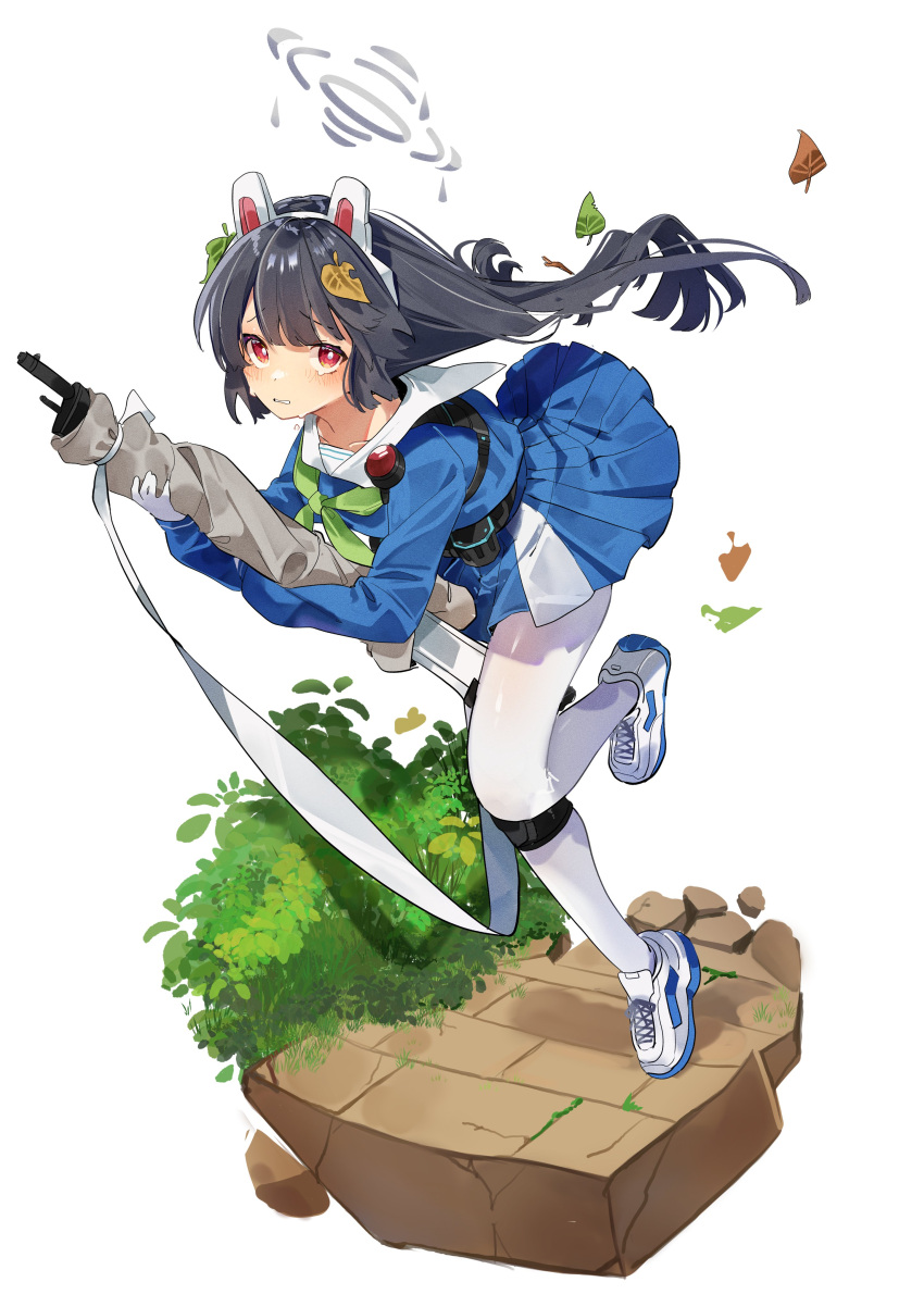 1girl absurdres animal_ears black_hair blue_archive blue_dress blue_footwear blue_skirt blush bow bowtie brick_floor bulletproof_vest collarbone crying crying_with_eyes_open deitaku dress fake_animal_ears green_bow green_bowtie gun halo highres holding holding_gun holding_weapon leaf leaf_on_head leg_up long_hair looking_at_viewer miyu_(blue_archive) moss pantyhose parted_lips plant pleated_skirt rabbit_ears red_eyes rifle running sailor_collar see-through see-through_legwear shoes simple_background skirt skirt_set sneakers solo strap tears two-tone_footwear uniform weapon white_background white_footwear white_pantyhose white_sailor_collar wind