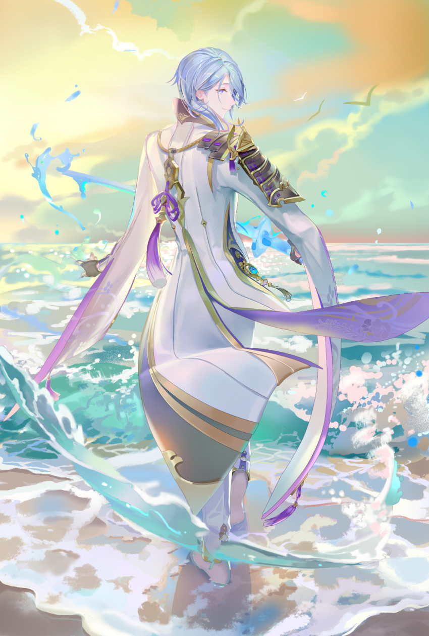 1boy armor bangs beach bird blue_eyes blue_hair closed_mouth clouds genshin_impact hair_between_eyes highres holding holding_sword holding_weapon japanese_armor japanese_clothes kamisato_ayato leenim liquid_weapon looking_at_viewer male_focus ocean outdoors profile sky solo standing sword tassel vision_(genshin_impact) water weapon wide_sleeves