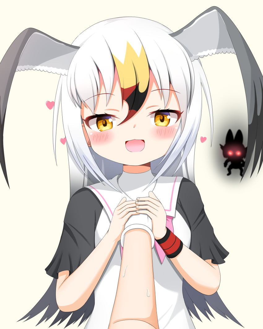 1other 2girls :d absurdres black-tailed_gull_(kemono_friends) black_hair blonde_hair brown_background commentary_request dhole_(kemono_friends) dress gloves glowing glowing_eyes grey_hair grey_wings head_wings heart highres kemono_friends long_hair multicolored_hair multiple_girls red_eyes redhead sailor_collar sailor_dress shin01571 short_sleeves silhouette simple_background smile solo_focus sweat two-tone_hair very_long_hair white_dress white_gloves white_hair white_sailor_collar wings