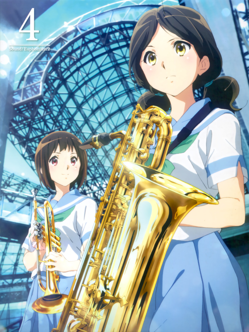 2girls album_cover bangs baritone_saxophone blue_skirt blurry bob_cut bow brown_hair building closed_mouth clouds cover cowboy_shot day depth_of_field dvd_cover forehead green_bow green_neckerchief green_ribbon hibike!_euphonium highres holding holding_instrument ikeda_shouko instrument kitauji_high_school_uniform looking_at_another looking_at_viewer looking_away mole mole_under_eye multiple_girls nakaseko_kaori neck_ribbon neckerchief official_art ogasawara_haruka outdoors pleated_skirt red_eyes ribbon sailor_collar school_uniform serafuku short_hair short_sleeves short_twintails skirt sky standing station strap swept_bangs trumpet twintails yellow_eyes