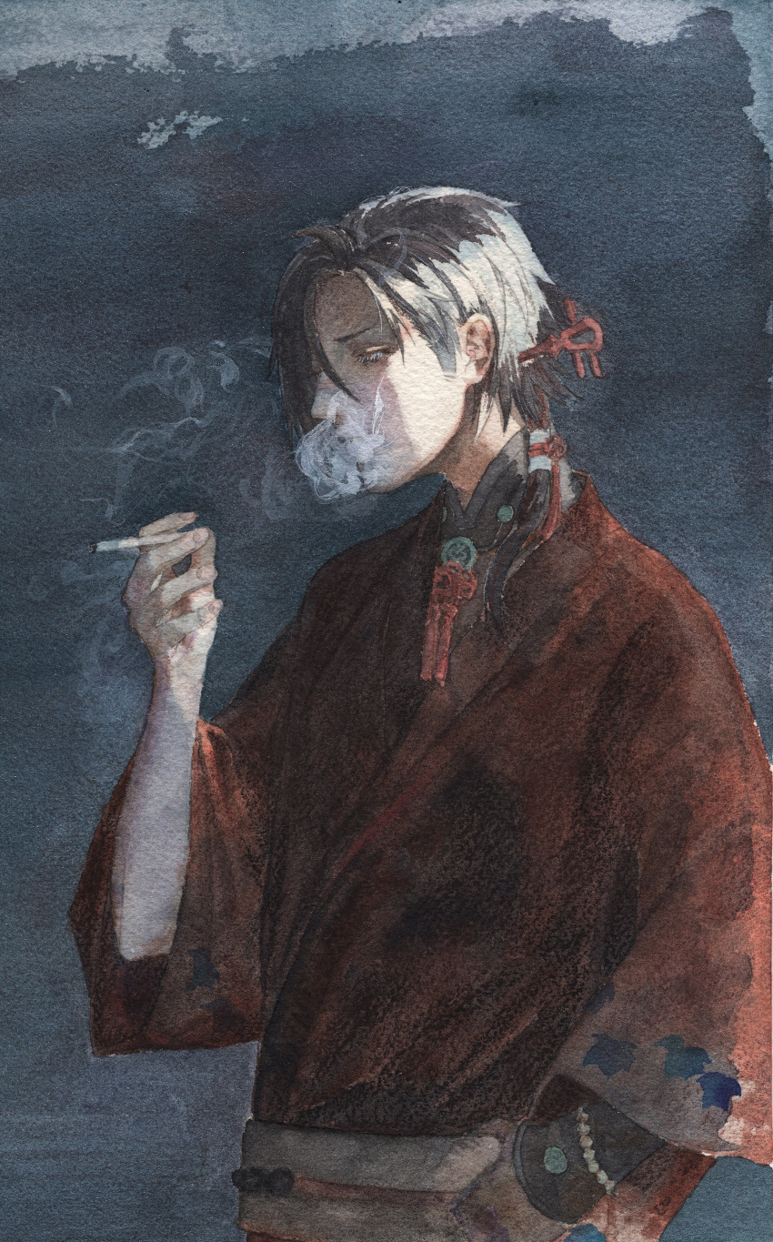 1boy absurdres arm_guards bangs black_hair blowing_smoke blue_background braid cigarette dramatical_murder eyelashes hair_ornament hair_over_one_eye hair_over_shoulder hair_stick hair_tubes highres holding holding_cigarette japanese_clothes jewelry kimono koujaku long_hair long_sleeves looking_away male_focus natsuhiro obi pendant ponytail red_kimono sash scar scar_on_face scar_on_nose sideburns simple_background smoke smoking solo sunlight tassel traditional_media upper_body wide_sleeves