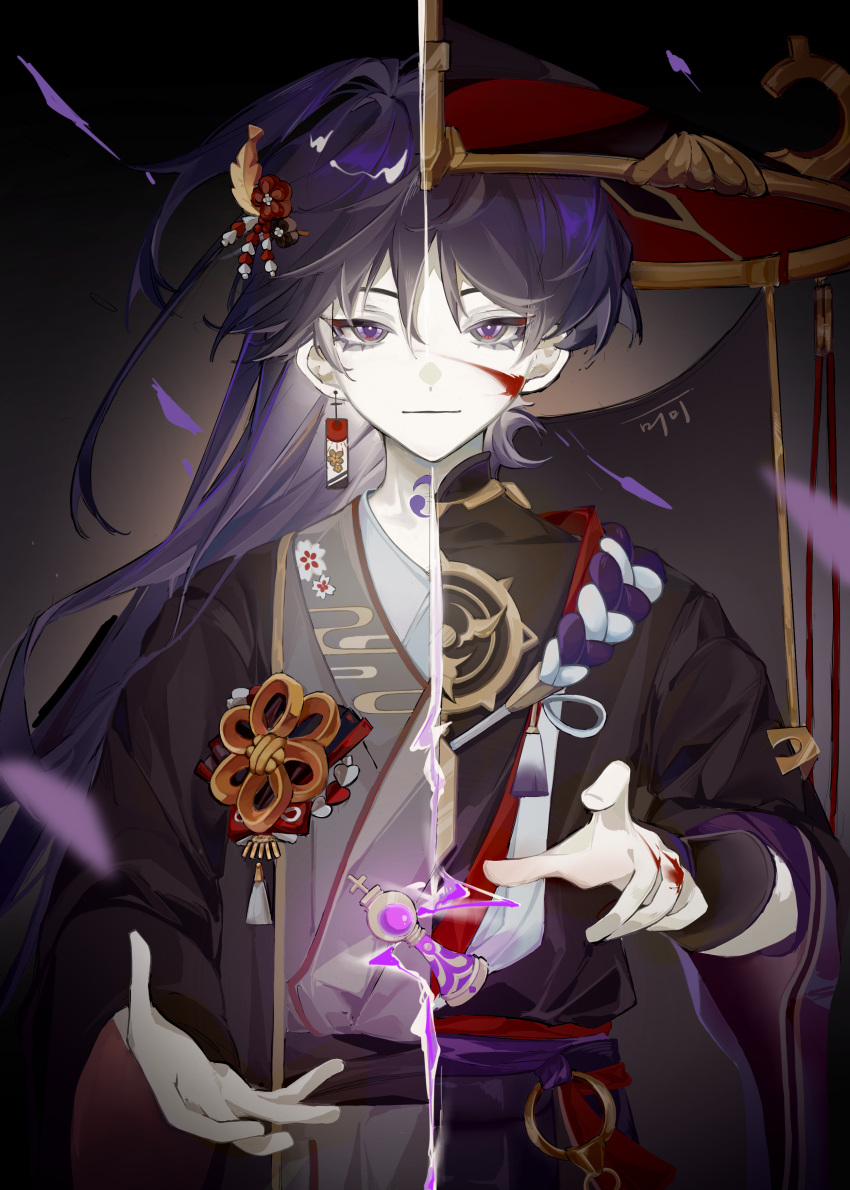 1boy absurdres armor bangs blood blood_on_face blurry depth_of_field earrings eyeliner falling_petals genshin_impact hair_ornament hakama haori_himo hat highres japanese_armor japanese_clothes jewelry jingasa kote kurokote long_hair long_sleeves looking_at_viewer makeup male_focus outstretched_hand pale_skin petals purple_hair scaramouche_(genshin_impact) short_hair smile solo tsurime violet_eyes xiannu168
