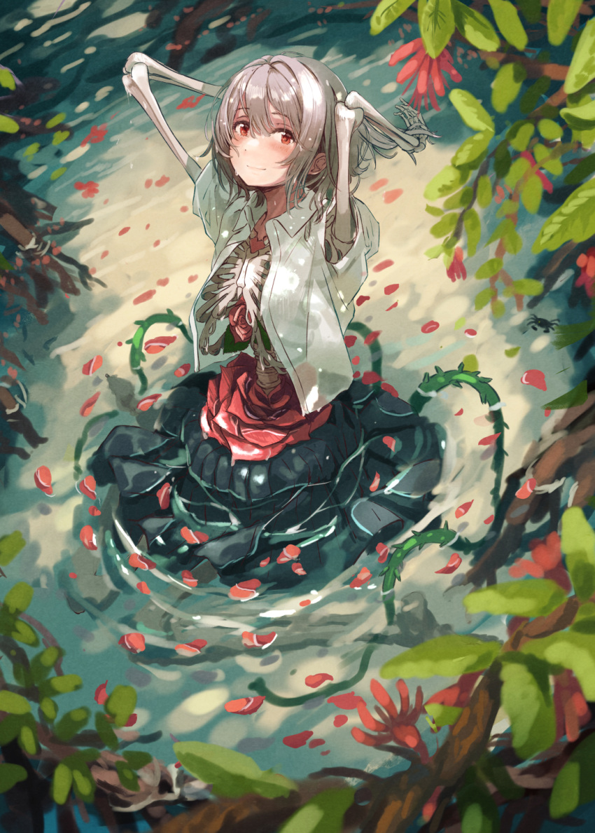 159cm 1girl arms_up blue_skirt bone commentary_request dress_shirt flower grey_hair hands_in_hair highres looking_at_viewer monster_girl nature open_clothes open_shirt original partially_submerged petals petals_on_liquid plant red_eyes ribs rose see-through shirt short_sleeves sitting skeleton skirt smile solo tree up_sleeve vines wariza water wet wet_clothes white_shirt
