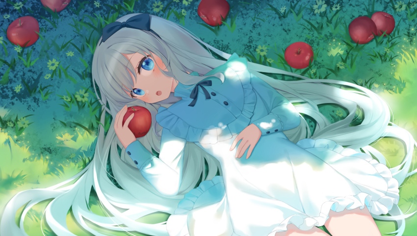 1girl apple bangs black_bow black_hairband blue_eyes blush bow commentary_request day dress english_commentary food frilled_dress frills fruit fufumi grass grey_hair hair_bow hairband hand_up highres long_hair looking_at_viewer lying on_back on_grass open_mouth original outdoors red_apple solo teeth upper_teeth very_long_hair white_dress