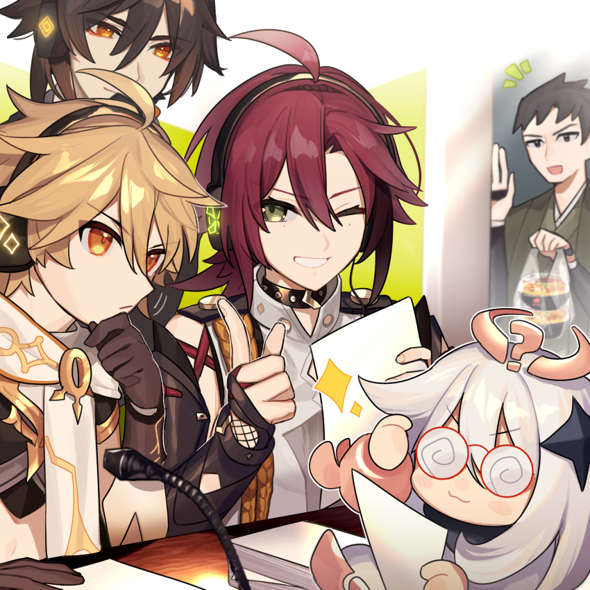 1girl 4boys ? aether_(genshin_impact) armor bangs black_gloves black_hair blonde_hair brown_hair closed_mouth commentary_request food funny_glasses genshin_impact glasses gloves gradient_hair green_eyes hair_ornament halo happy_gnsn headphones highres japanese_armor japanese_clothes kote kurokote long_hair multicolored_hair multiple_boys notice_lines one_eye_closed orange_eyes paimon_(genshin_impact) paper shikanoin_heizou sparkle streaked_hair table upper_body zhongli_(genshin_impact)