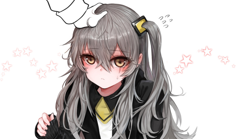 1girl 1other bangs black_jacket blush brown_eyes closed_mouth collared_shirt dokomon flying_sweatdrops girls_frontline gloves grey_hair hair_between_eyes headpat jacket long_hair long_sleeves one_side_up open_clothes open_jacket out_of_frame pink_nails scar scar_across_eye shirt simple_background sleeves_past_wrists starry_background sweat ump45_(girls'_frontline) upper_body very_long_hair white_background white_gloves white_shirt