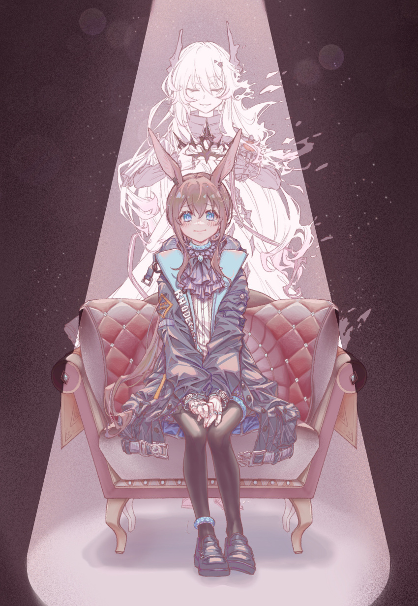 10237393 2girls absurdres amiya_(arknights) animal_ears arknights armchair bangs black_footwear black_jacket blue_eyes blue_skirt blush brown_hair chair closed_eyes closed_mouth commentary_request dress hair_between_eyes highres horns jacket jewelry loafers long_hair long_sleeves multiple_girls on_chair open_clothes open_jacket own_hands_together pantyhose parted_lips puffy_long_sleeves puffy_sleeves rabbit_ears ring shirt shoes sitting skirt sleeves_past_wrists smile standing theresa_(arknights) very_long_hair white_shirt