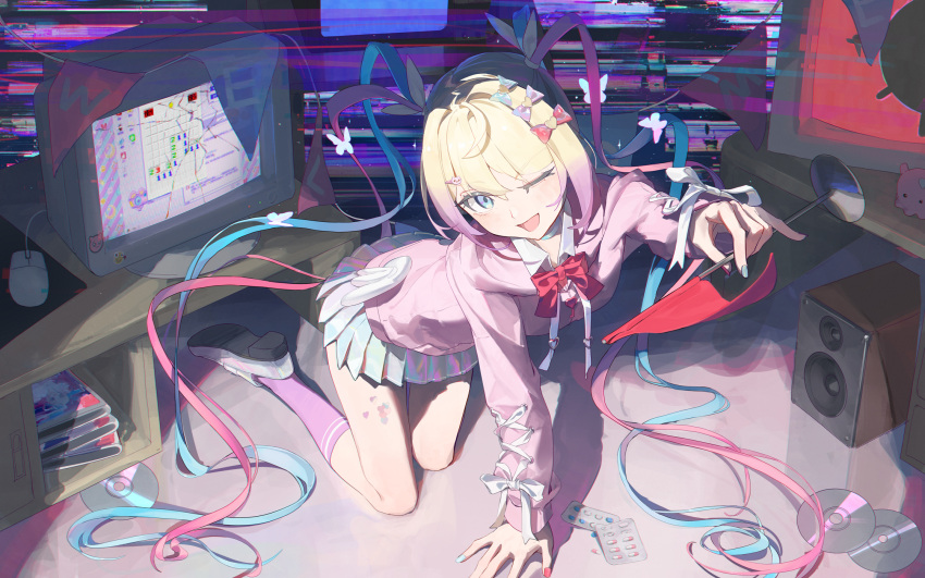 1girl angel_wings blonde_hair blue_eyes blue_nails bow bug butterfly cd chouzetsusaikawa_tenshi-chan chouzetsusaikawa_tenshi-chan_(needy_girl_overdose_exhibition) collar commentary computer_mouse cracked_screen crt dvd_case flag from_above full_body glitch glitch_background gradient_hair hair_between_eyes hair_bow hair_ornament hairclip heart heart_sticker highres holding holding_flag hood hoodie kneeling lace_ribbon loafers long_hair long_sleeves looking_at_viewer minesweeper miniskirt multicolored_hair multicolored_nails multiple_hair_bows needy_girl_overdose newnand official_alternate_costume on_floor one_eye_closed open_mouth p-chan_(needy_girl_overdose) pill pink_hair pink_hoodie purple_socks quad_tails red_bow red_flag red_nails reflective_clothes reflective_floor shoes skirt smile socks speaker sticker stuffed_animal stuffed_toy untranslatable_commentary very_long_hair white_collar white_shoes wings