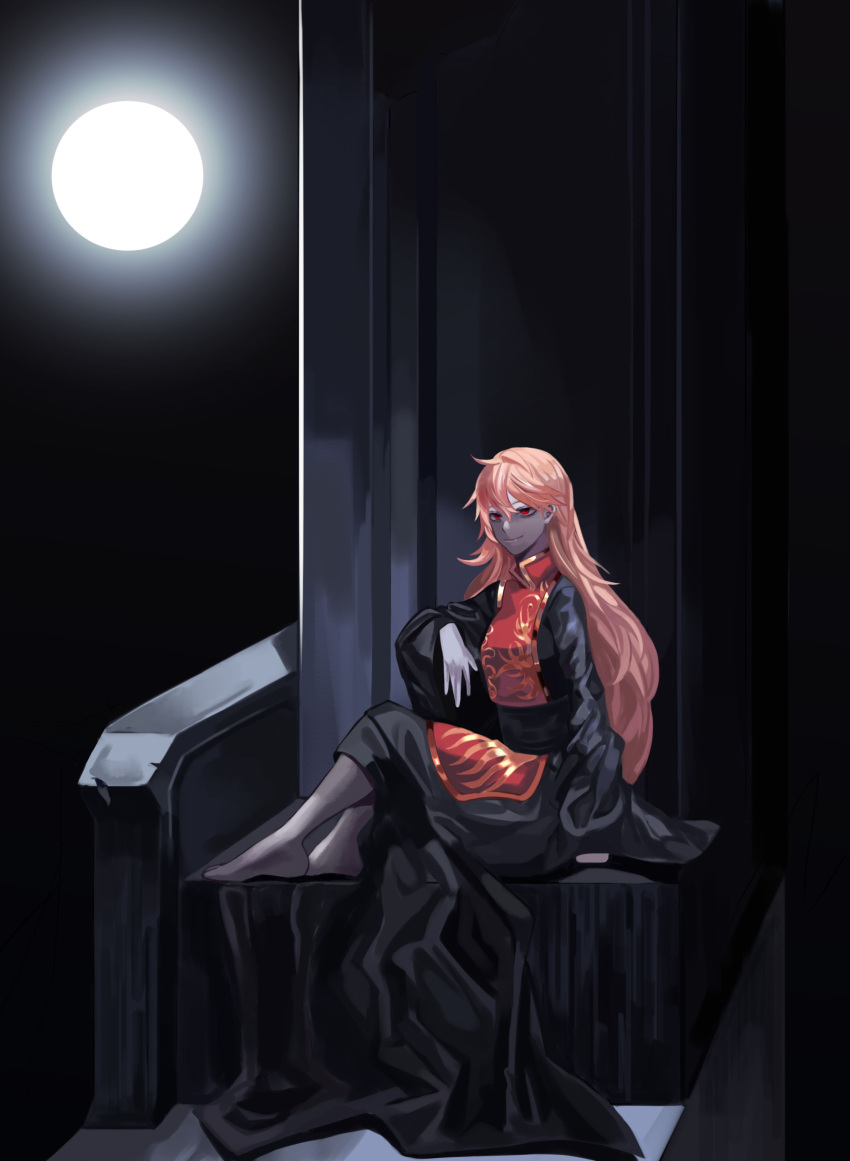 1girl absurdres ahoge bangs belt black_belt black_dress black_sky breasts chinese_clothes closed_mouth colored_skin commentary_request dress floor grey_pantyhose grey_skin hair_between_eyes highres junko_(touhou) light long_hair long_sleeves looking_at_viewer looking_to_the_side medium_breasts moonlight night night_sky no_hat no_headwear no_shoes orange_hair pantyhose red_eyes reki_(user_rcrd4534) shadow sitting sky smile solo tabard throne touhou wall wide_sleeves