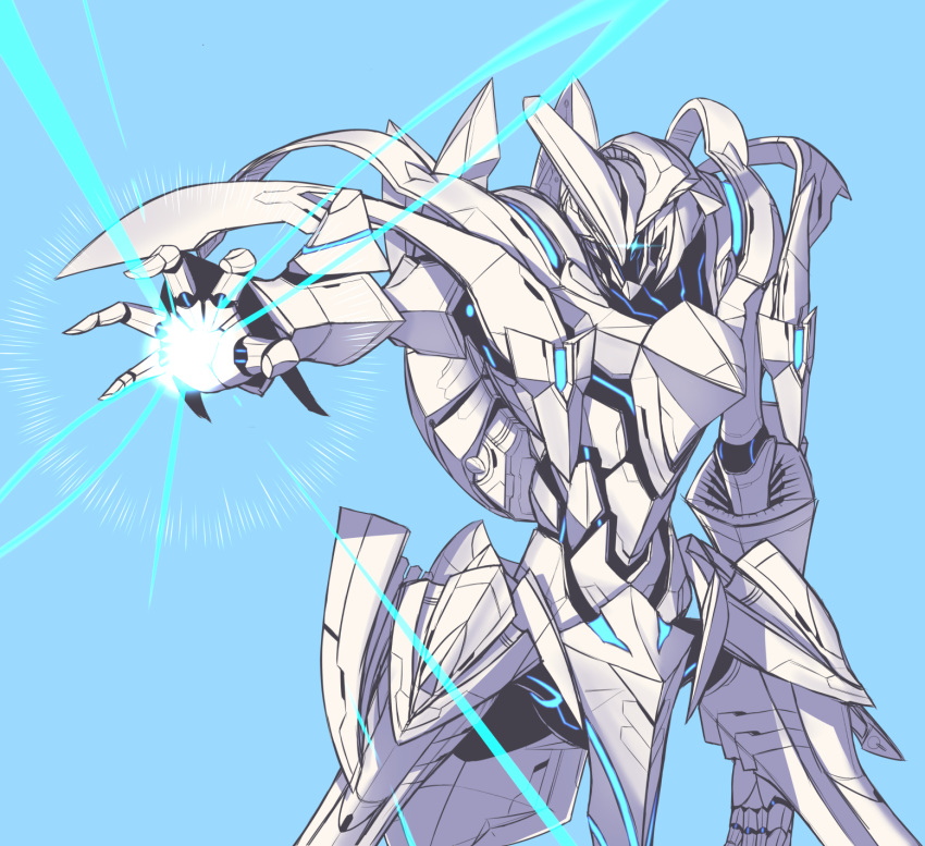 arm_up blue_background croodle fate/grand_order fate_(series) glowing highres mecha no_humans odysseus_(fate) robot science_fiction simple_background solo