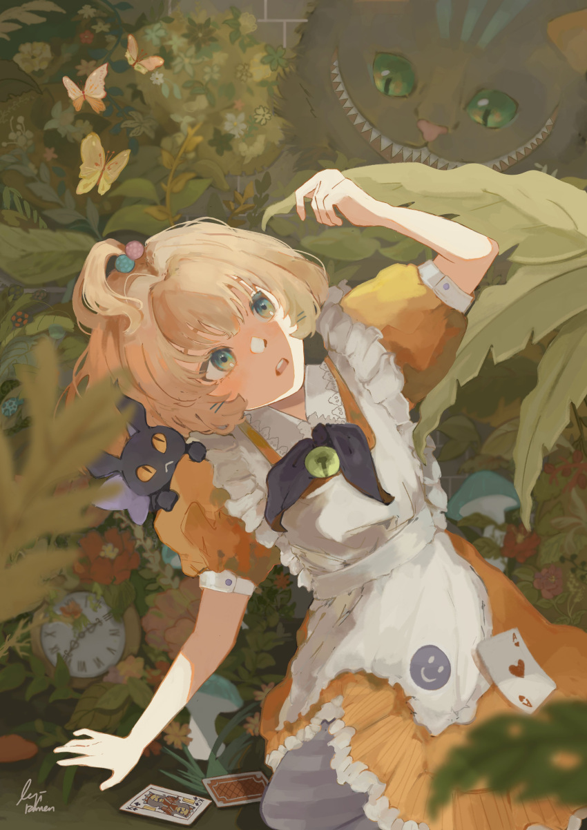 1girl 2others absurdres ahoge alice_(alice_in_wonderland) alice_(alice_in_wonderland)_(cosplay) alice_in_wonderland apron bayiramen bell blonde_hair blush bob_cut bow bowtie bug butterfly cheshire_cat_(alice_in_wonderland) cosplay dress green_eyes hair_ornament hairclip highres jingle_bell looking_at_another looking_up millie_parfait multiple_others nijisanji nijisanji_en orange_dress plant puffy_short_sleeves puffy_sleeves purple_bow purple_bowtie short_hair short_sleeves signature virtual_youtuber white_apron