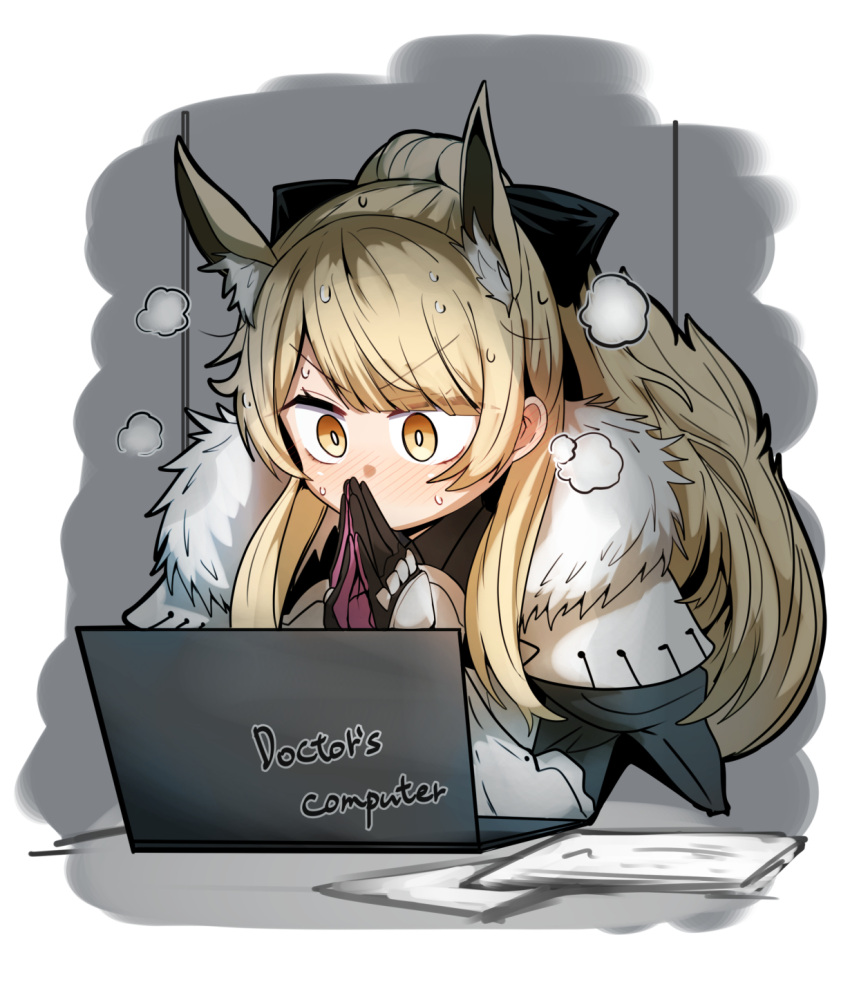 1girl animal_ears arknights black_bow black_gloves blemishine_(arknights) blonde_hair blush bow computer extra_ears fur-trimmed_armor gin_moku gloves grey_background hair_bow hands_up highres horse_ears horse_girl laptop long_hair own_hands_together pink_gloves ponytail sidelocks simple_background solo sweat sweating_profusely two-tone_gloves upper_body v-shaped_eyebrows yellow_eyes