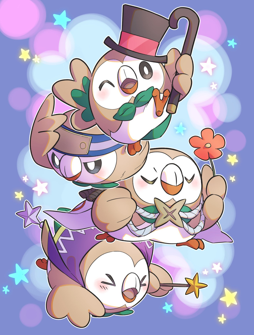 &gt;_&lt; blush cane closed_eyes closed_mouth commentary_request flower hat hatted_pokemon headband highres holding holding_cane holding_flower holding_wand no_humans pkpokopoko3 pokemon pokemon_(creature) rowlet star_(symbol) top_hat u_u wand