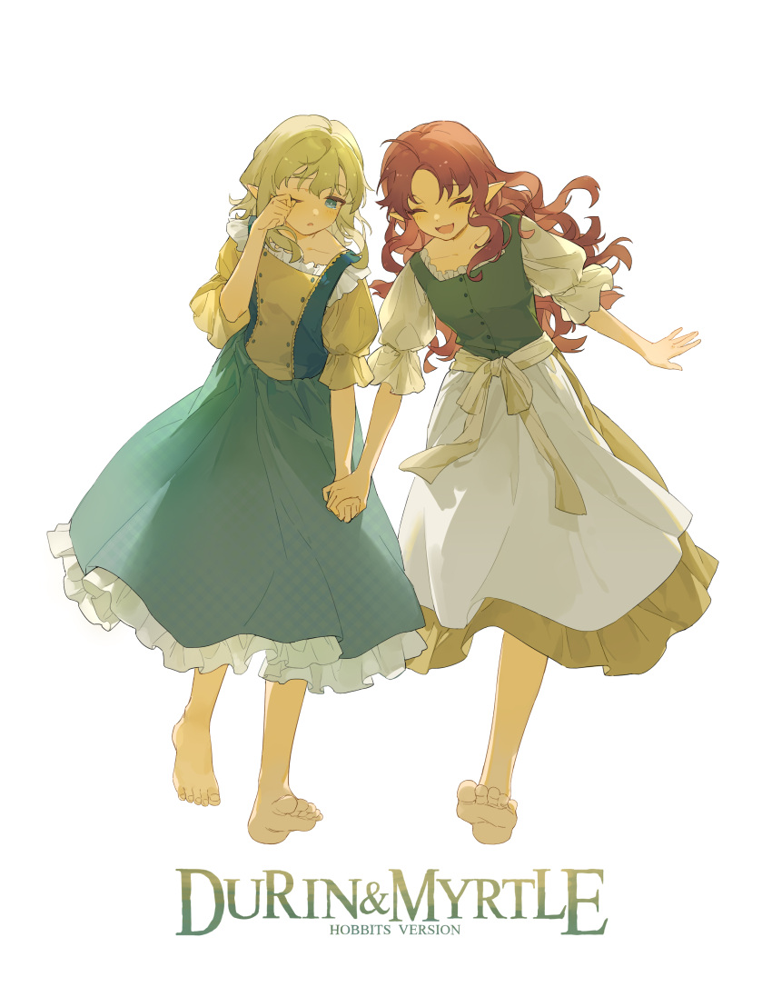 2girls :d absurdres ahoge alternate_costume arknights barefoot blonde_hair blue_eyes blue_skirt blush bow buttons character_name closed_eyes collarbone commentary dress durin_(arknights) frilled_dress frilled_skirt frills full_body green_vest hand_up highres holding_hands lmay long_hair medium_hair multiple_girls myrtle_(arknights) one_eye_closed open_mouth pointy_ears puffy_short_sleeves puffy_sleeves redhead rubbing_eyes shirt short_sleeves single_tear skirt smile the_lord_of_the_rings toenails tolkien's_legendarium vest waist_bow white_bow white_shirt white_skirt yellow_shirt