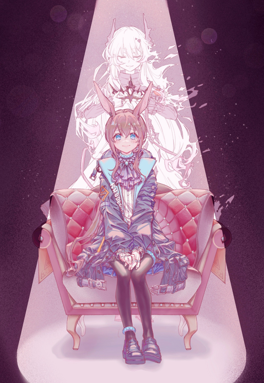 10237393 2girls amiya_(arknights) animal_ears arknights armchair bangs black_footwear black_jacket blue_eyes blue_skirt blush brown_hair chair closed_eyes closed_mouth dress hair_between_eyes highres horns jacket jewelry loafers long_hair long_sleeves multiple_girls on_chair open_clothes open_jacket own_hands_together pantyhose parted_lips puffy_long_sleeves puffy_sleeves rabbit_ears ring shirt shoes sitting skirt sleeves_past_wrists smile standing theresa_(arknights) very_long_hair white_shirt