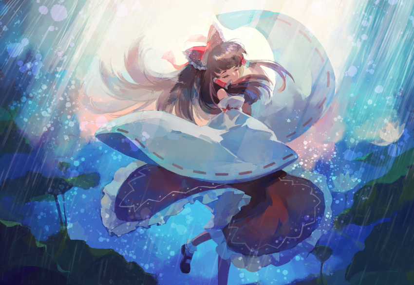1girl absurdres black_footwear bow breedo brown_hair closed_eyes commentary covered_mouth detached_sleeves eyelashes floating_hair foot_out_of_frame frilled_bow frilled_hair_tubes frilled_skirt frills from_side hair_bow hair_tubes hakurei_reimu highres light_rays lily_pad long_hair mary_janes plant rain red_bow red_skirt red_vest ribbon-trimmed_sleeves ribbon_trim shoes skirt skirt_set socks solo touhou vest water_lily_flower white_sleeves white_socks