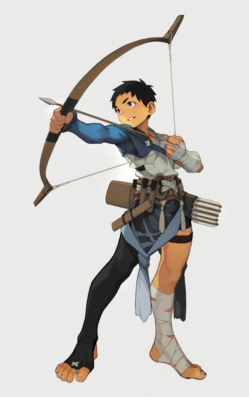 1boy absurdres aiming archery arrow_(projectile) asymmetrical_legwear black_hair blockun bow_(weapon) draugnut drawing_bow highres holding holding_arrow holding_bow_(weapon) holding_weapon igote male_focus muscular muscular_male original outstretched_arm quiver short_hair simple_background solo weapon white_background