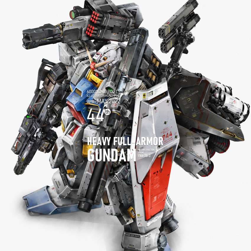 absurdres arm_cannon backpack bag bazooka_(gundam) beam_rifle cannon character_name concept_art damaged dirty earth_federation energy_gun english_text gun gundam highres jetpack kongping0550219 machine_gun machinery mecha missile_pod mobile_suit mobile_suit_gundam original reactive_armor realistic redesign robot roundel rx-78-2 science_fiction shield shoulder_cannon thrusters weapon