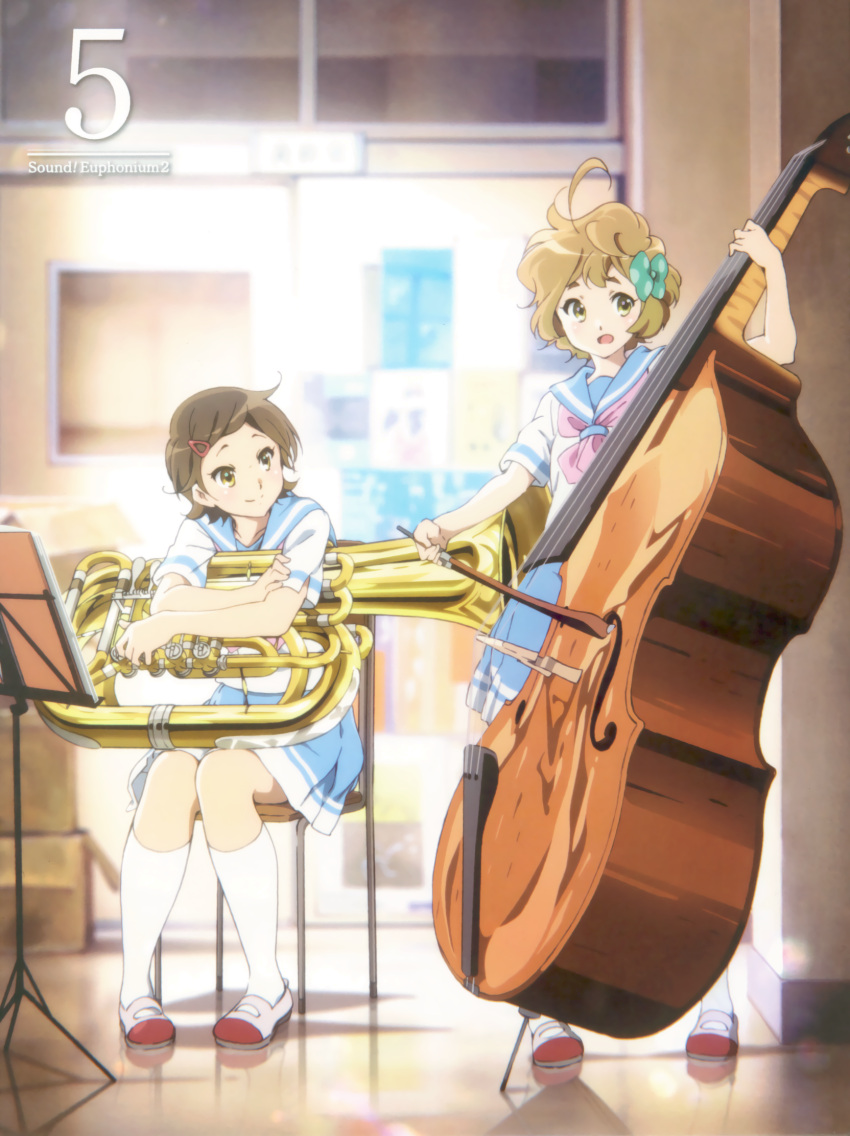 2girls album_cover arm_up bangs blonde_hair blue_sailor_collar blue_skirt blush bow bow_(music) brown_eyes brown_hair chair closed_mouth cover double_bass green_bow green_eyes hair_bow hair_ornament hairclip hibike!_euphonium highres ikeda_shouko indoors instrument katou_hazuki kawashima_sapphire kitauji_high_school_uniform looking_at_another looking_at_viewer multiple_girls music music_stand neckerchief official_art open_mouth pink_neckerchief playing_instrument pleated_skirt polka_dot sailor_collar school_uniform serafuku shirt shoes short_hair short_sleeves sitting skirt smile socks standing tuba uwabaki white_footwear white_shirt white_socks