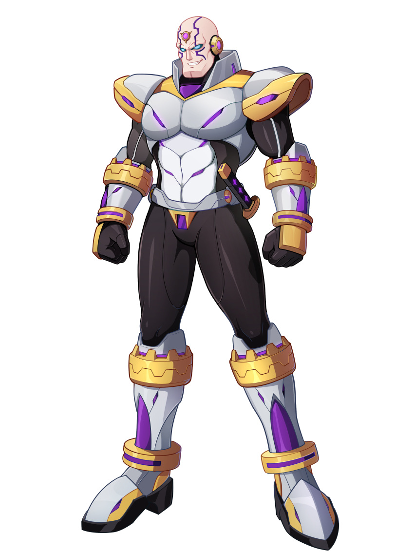 1boy absurdres adapted_costume alternate_costume armor armored_boots bald belt blue_eyes body_armor bodysuit boots covered_abs facial_mark forehead_jewel full_body gauntlets gloves high_collar highres knee_armor mega_man_(series) mega_man_x5 mega_man_x_(series) muscular muscular_male non-web_source redesign shoulder_armor sigma_(mega_man) smirk transparent_background uta_guipiy