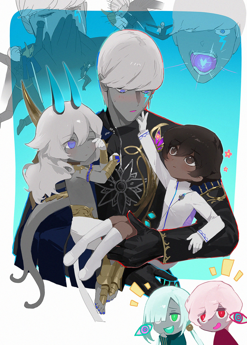 4boys 6+boys aged_down aqua_hair arjuna_(fate) arjuna_alter_(fate) black_gloves blue_eyes blush boy_vajra_(fate) brown_eyes brown_hair carrying chibi closed_mouth coat colored_skin commentary_request daeraeband dark-skinned_male dark_skin dragon_horns facial_mark fate/grand_order fate_(series) father_and_child father_and_son flower girl_vajra_(fate) gloves glowing_tongue green_eyes grey_hair grey_skin hair_over_one_eye highres horns indra_(fate) jacket lightning_bolt_facial_mark lightning_bolt_symbol long_hair looking_at_another male_focus multiple_boys nail_polish one_eye_closed open_mouth parent_and_child pink_hair red_eyes sharp_teeth short_hair smile tail teeth violet_eyes white_gloves white_hair white_jacket