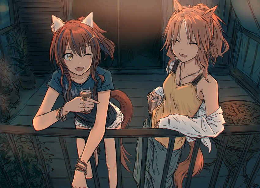 2girls ^_^ animal_ears bangs blue_shirt breasts brown_hair can canned_coffee closed_eyes daitaku_helios_(umamusume) ear_covers furukawa_wanosuke green_pants hair_ornament hairclip highres holding holding_can horse_ears horse_girl horse_tail jacket jewelry leaning_on_rail looking_at_another mejiro_palmer_(umamusume) multicolored_hair multiple_girls night off_shoulder one_eye_closed open_mouth outdoors pants pendant plant ponytail potted_plant ring shirt short_sleeves shorts sketch small_breasts standing streaked_hair table tail tank_top umamusume white_jacket white_shorts wristband yellow_eyes
