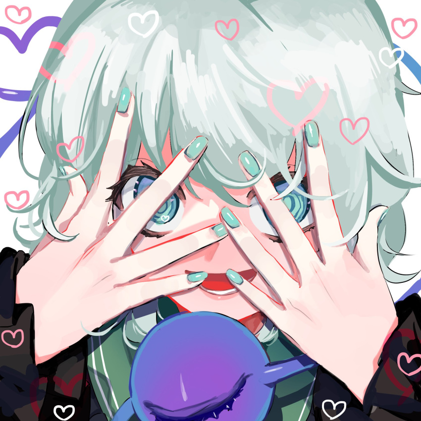 1girl :d commentary fingernails frilled_sleeves frills green_eyes green_hair green_nails hands_on_own_face hands_up heart heart_in_eye heart_of_string highres komeiji_koishi looking_at_viewer looking_through_fingers lower_teeth nail_polish no_hat no_headwear open_mouth portrait short_hair smile symbol_in_eye tamatetama teeth third_eye touhou