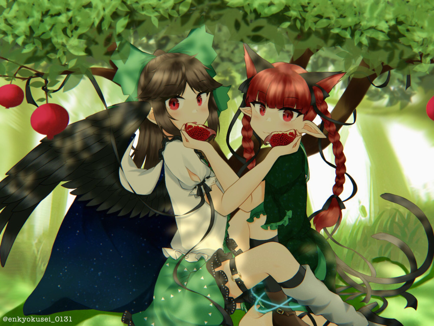 2girls animal_ears bird_wings black_wings bow braid cat_ears cosmos_0131 feathered_wings food fruit green_bow green_skirt hair_bow highres holding holding_food holding_fruit kaenbyou_rin long_hair looking_at_viewer multiple_girls multiple_tails pomegranate red_eyes reiuji_utsuho skirt tail touhou tree twin_braids wings