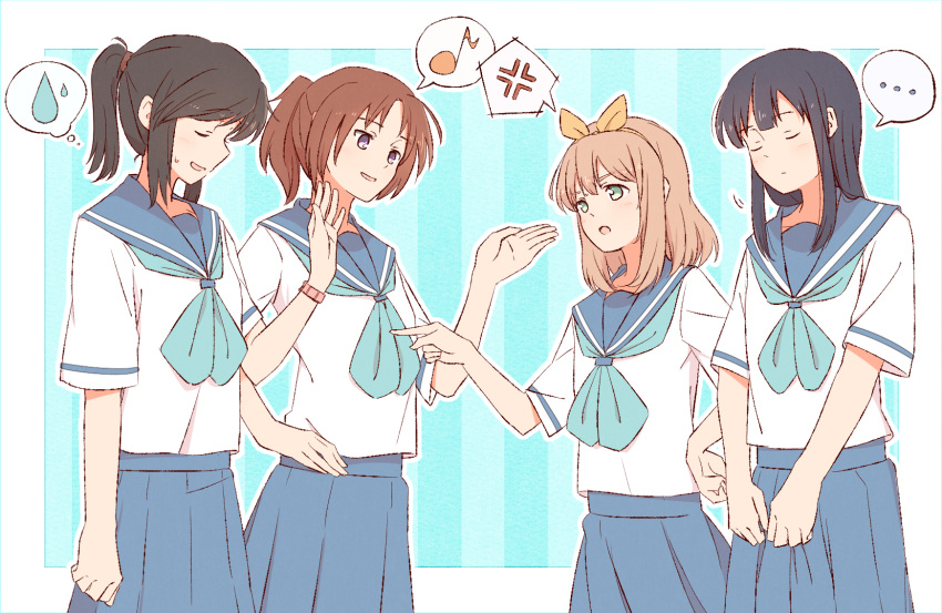 4girls bangs black_hair blonde_hair blue_hair blue_neckerchief blue_sailor_collar blush brown_eyes brown_hair closed_eyes closed_mouth green_eyes hair_ribbon hand_up hibike!_euphonium highres kasaki_nozomi kitauji_high_school_uniform liz_to_aoi_tori long_hair looking_at_another multiple_girls nakagawa_natsuki neckerchief parted_lips pointing ponytail ribbon sailor_collar sawara65 school_uniform serafuku shirt short_sleeves speech_bubble standing thought_bubble watch white_shirt yellow_ribbon yoroizuka_mizore yoshikawa_yuuko