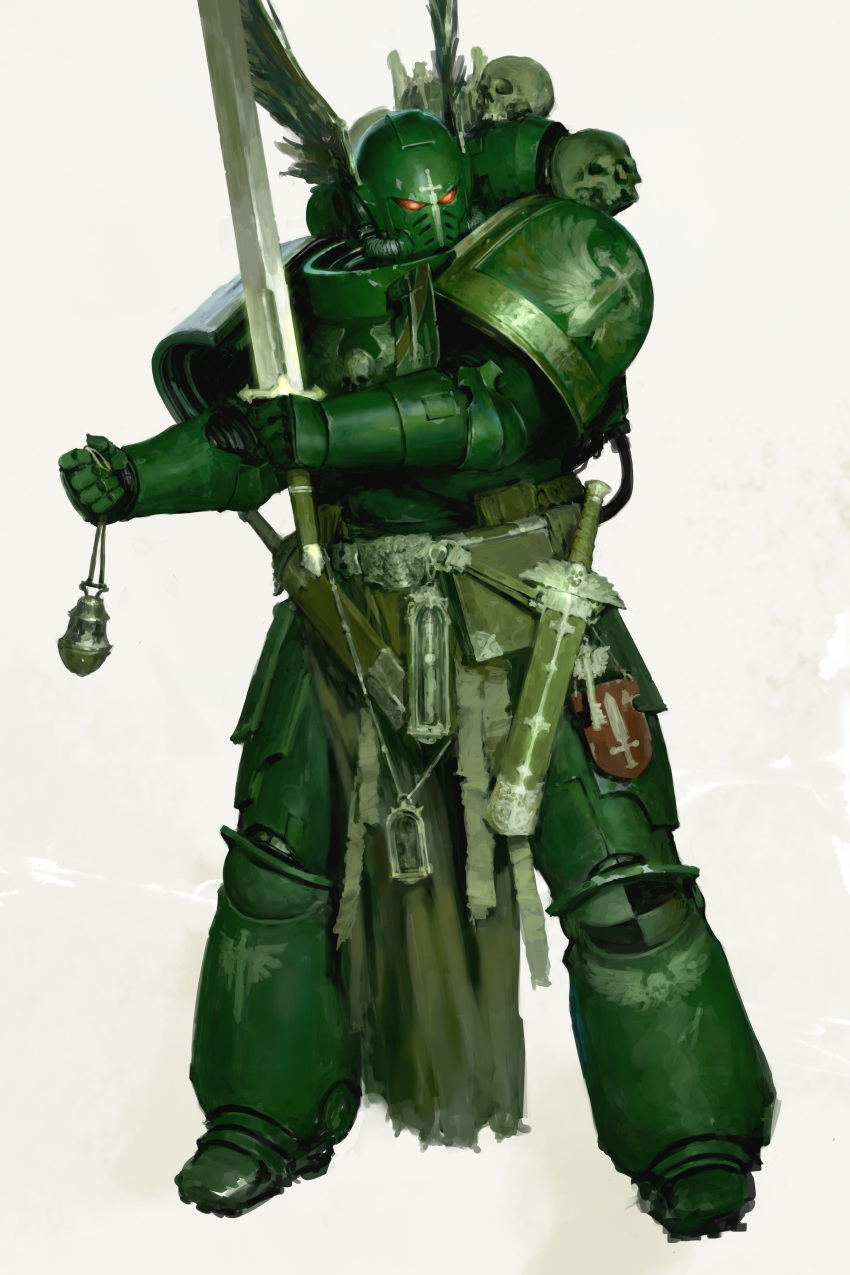 1boy absurdres adeptus_astartes armor commentary dark_angels english_commentary full_body helmet highres holding holding_sword holding_weapon igor_sid incense_burner pauldrons pelvic_curtain power_armor primaris_space_marine scabbard sheath shoulder_armor skull solo standing sword warhammer_40k weapon white_background winged_helmet