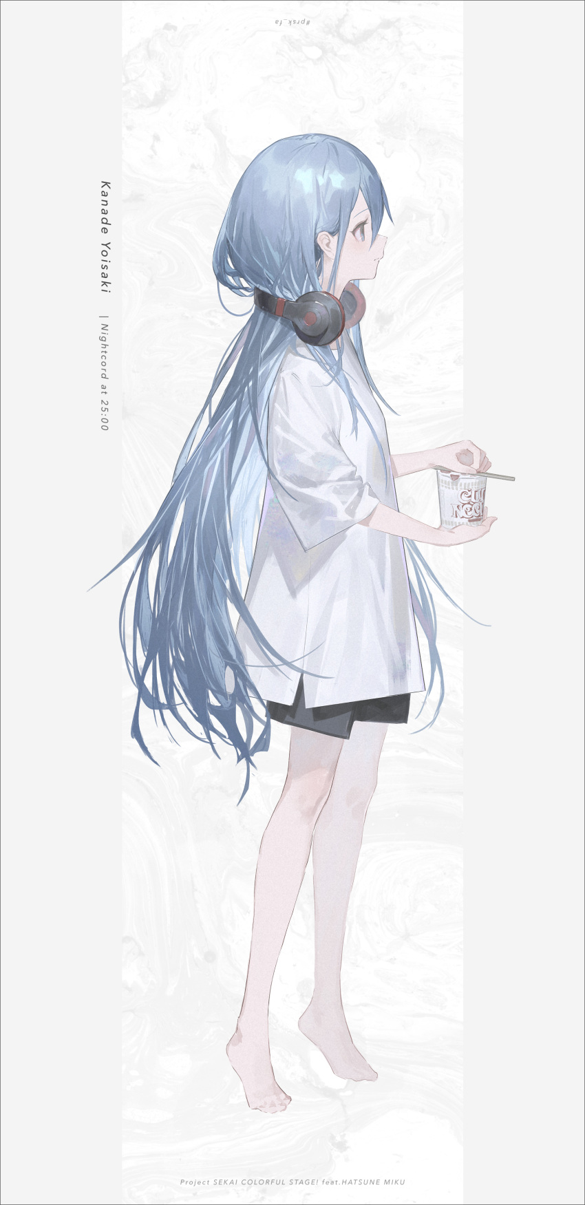 absurdres alternate_costume alternate_hairstyle aqua_eyes aqua_hair black_shorts character_name chopsticks closed_mouth copyright_name cup english_text engrish_text food from_side full_body hair_between_eyes headphones headphones_around_neck highres holding holding_chopsticks holding_cup holding_food long_hair looking_to_the_side oversized_clothes oversized_shirt profile project_sekai ramen ranguage reoen shirt shorts standing tiptoes very_long_hair white_background white_shirt yoisaki_kanade