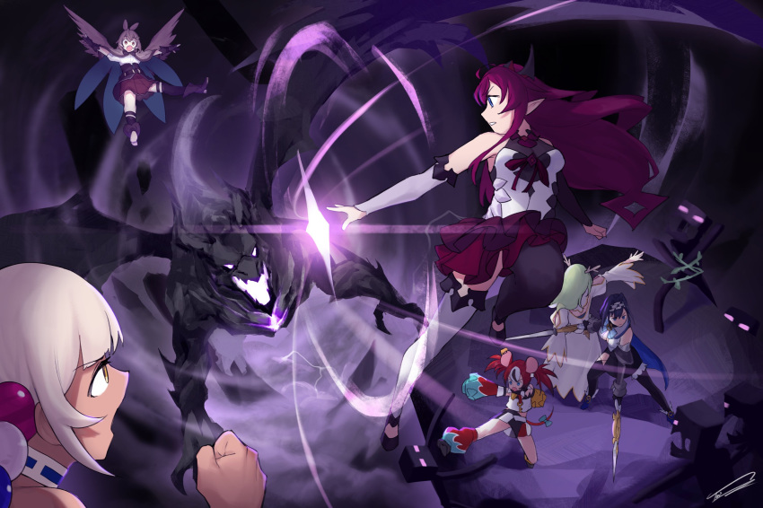 6+girls animal_ears asymmetrical_legwear battle bird_wings black_gloves black_hair black_thighhighs blonde_hair blue_eyes blue_hair brown_eyes brown_hair brown_skirt brown_wings ceres_fauna choker commentary dark-skinned_female dark_skin dasdokter demon_horns dual_wielding ender_dragon enderman english_commentary feather_hair_ornament feathers fingerless_gloves flying gloves glowing glowing_eyes green_hair hair_ornament hakos_baelz highres holding hololive hololive_english horns irys_(hololive) kicking long_sleeves minecraft mouse_ears mouse_girl mouse_tail multicolored_hair multiple_girls nanashi_mumei open_mouth ouro_kronii outstretched_arms pink_eyes pointy_ears purple_hair redhead skirt streaked_hair tail thigh-highs tsukumo_sana virtual_youtuber white_hair white_thighhighs wings yellow_eyes