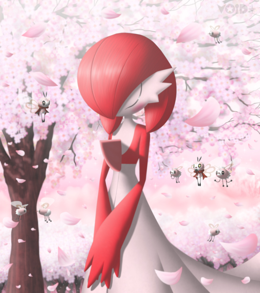 +_+ 1girl ^_^ absurdres alternate_color alternate_shiny_pokemon artist_name bangs black_eyes blush blush_stickers bob_cut cherry_blossoms closed_eyes colored_skin commentary cowboy_shot cutiefly day english_commentary flat_chest flower gardevoir hair_over_one_eye happy head_down highres multicolored_skin one_eye_covered open_mouth outdoors own_hands_together petals pink_background pink_flower pokemon pokemon_(creature) red_skin redhead ribombee short_hair smile solo_focus standing tree two-tone_skin u_u v_arms void_(starvoid7) watermark white_skin