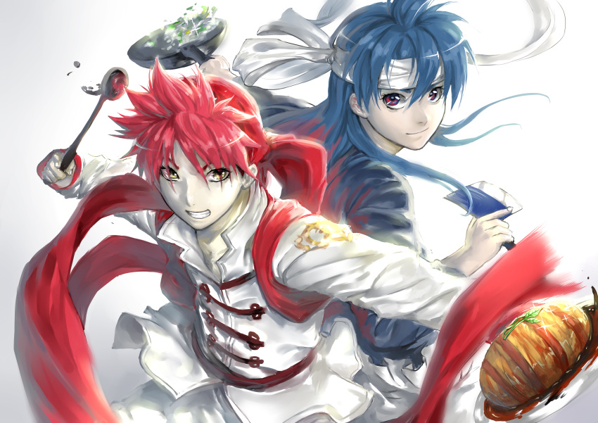 2boys absurdres bandana blue_hair blue_shirt chuuka_ichiban! cosplay costume_switch crossover flipping_food floating_clothes floating_hair food frying_pan hair_between_eyes hair_down hair_over_eyes headband highres holding holding_frying_pan holding_knife holding_plate holding_spatula kitchen_knife knife liu_mao_xing liu_mao_xing_(cosplay) looking_at_viewer male_focus mewpor123 multiple_boys outstretched_arms pants plate red_headwear red_vest sash sauce shirt shokugeki_no_souma simple_background smile sparkle spatula spread_arms toggles trait_connection upper_body vest violet_eyes white_background white_pants white_shirt yellow_eyes yukihira_souma yukihira_souma_(cosplay)